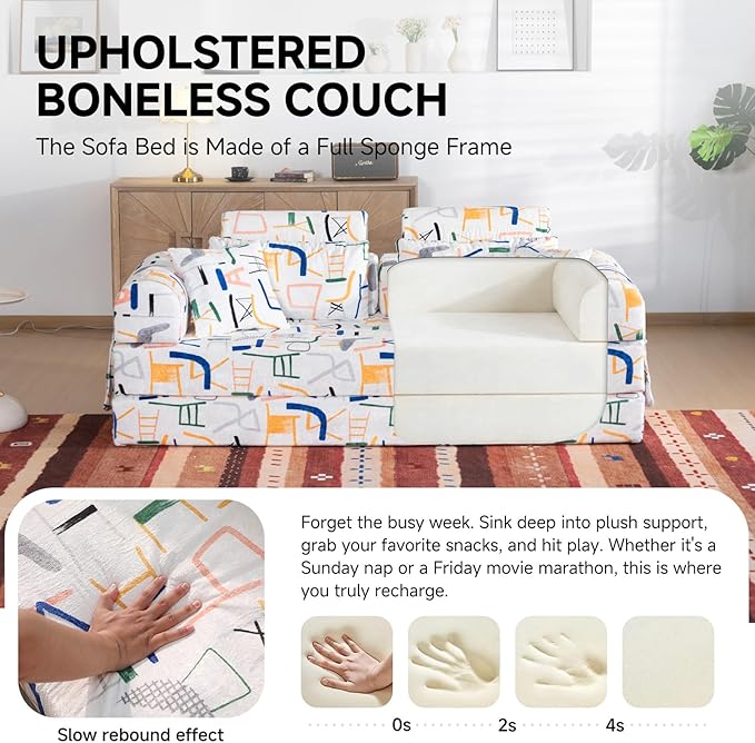 79" Convertible Boneless Couch for Small Spaces, 6-in-1 Corduroy Sofa Bed with High Backrest, Pillows, High-Density Foam Loveseat Sleeper Couch in a Box for Living Room, No Assembly, Graffiti C