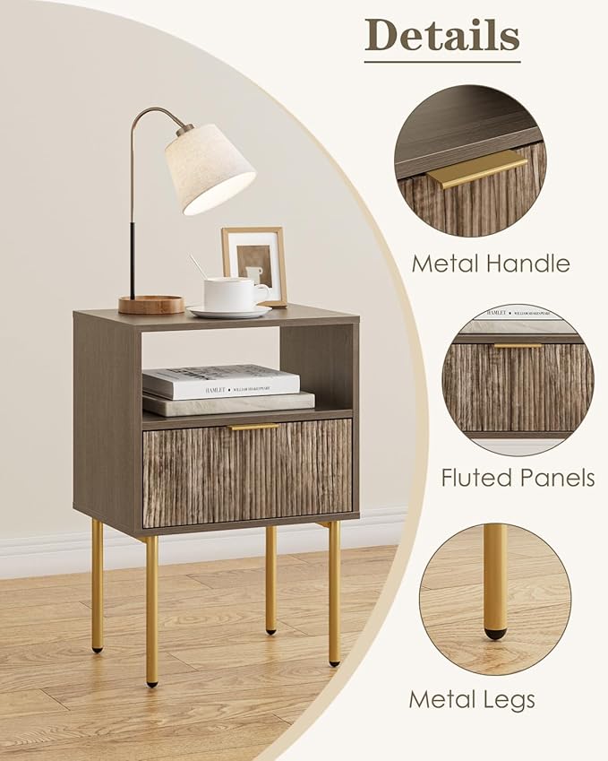 Aienvey Night Stand, Modern Nightstand with Drawers, Bedside Table, Gold Small Side Table for Bedroom, Living Room End Table (Grey Stripe, 1 Drawer)