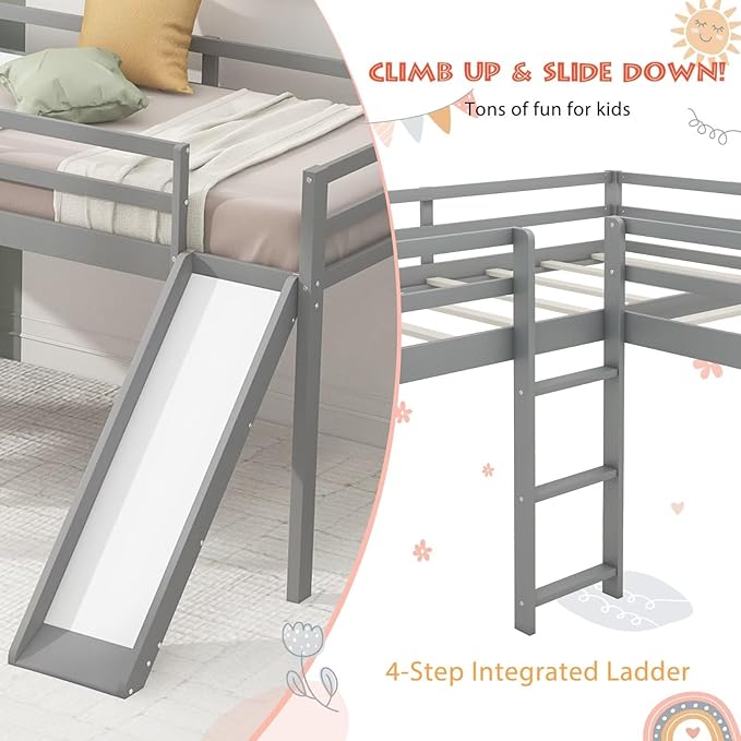 Merax Twin Size Double Loft Bed with Slide and Ladder, Wooden L-Shaped Bed Frame with Full-Length Guardrail, Wood Bedframe for Kids Teens Adults Bedroom, 2 Twin Beds, Grey