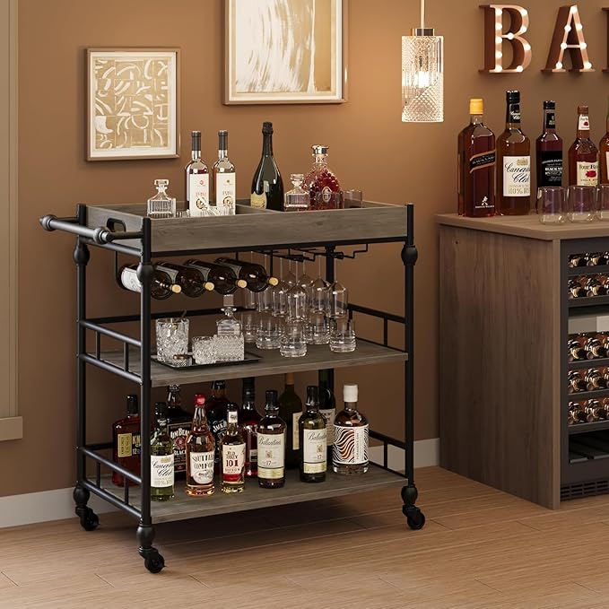 3-Tier Bar Cart with Wheels, Mobile Rolling Beverage Cart with Wine Rack, Glass Holder & Removable Top Tray, Serving Cart, Retro Trolley for Kitchen, Dining Room, Living Room, 35.4" x 15.7" x 34.1"