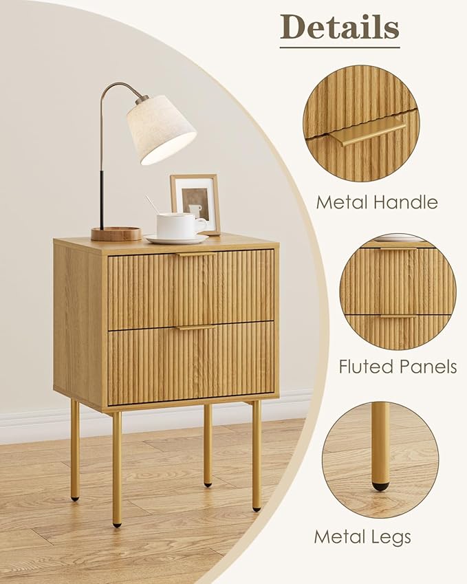 Aienvey Night Stand, Modern Nightstand with Drawers, Bedside Table, Gold Small Side Table for Bedroom, Living Room End Table (Oak Stripe, 2 Drawers)