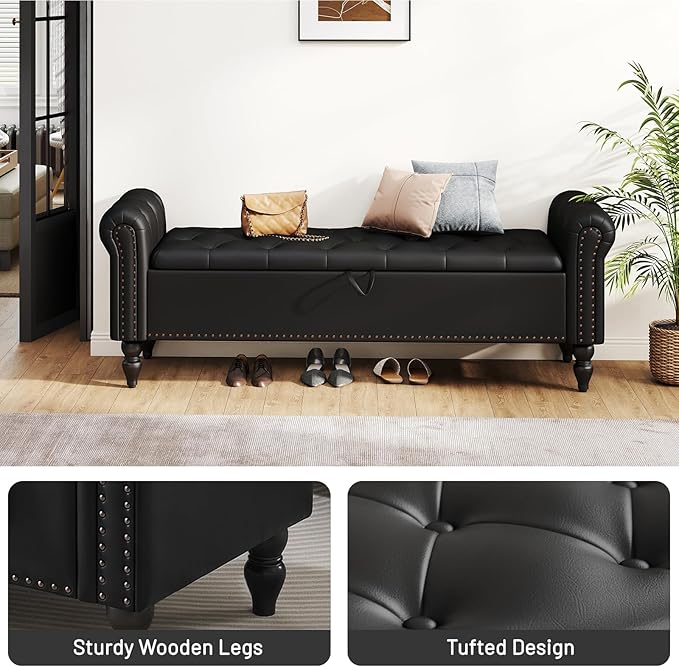 Furniliving 63” End of Bed Bench, Bedroom Bench with Button-Tufted, Upholstered King Storage Ottoman Benches Queen Entryway Bench with Storage Shoe Cabinet Bench, for Bedroom, Black