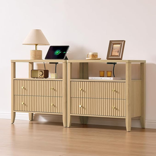 Fluted Nightstand with Charging Station Set of 2, 27.3" Wide Modern Bedside Table with 2 Drawers & Open Shelf, Large Wood End Table with Storage & Metal Handle for Bedroom, Living Room, Natural Wood