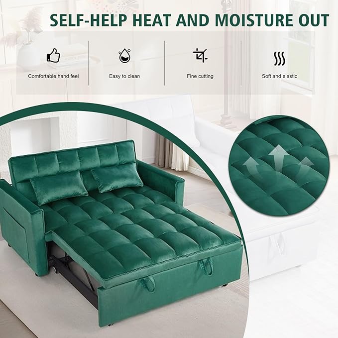 3 in 1 Convertible Sleeper Sofa Bed, 54'' Full Size Velvet Pull Out Futon Couch Recliner with Reclining Backrest & 2 Pillows, Small Loveseat Lounge Couches for Small Spaces (Dark Green)