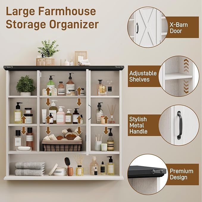 Bathroom Wall Cabinet, Farmhouse Medicine Cabinet with Adjustable Shelves and Barn Doors, Large Wall Mounted Over the Toilet Storage Cabinet for Bathroom, Laundry Room, Kitchen, Rustic White and Black
