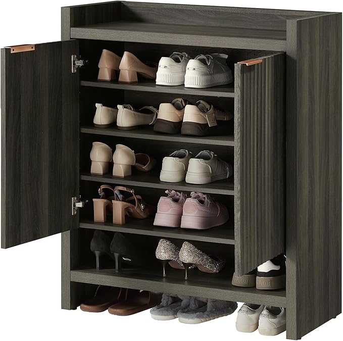 OAKHAM HOME Fluted Shoe Cabinet, 41" Tall 2-Door Entryway Storage Organizer with 3 Tier Adjustable Shelves, Modern Wood Shoe Rack for Hallway Mudroom Entrance Front Door (Midnight Oak)
