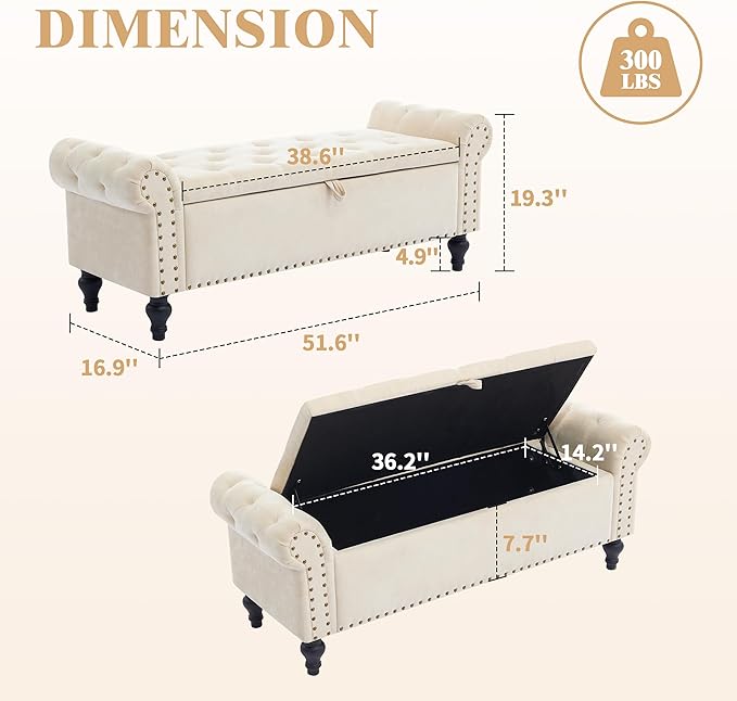 51" Storage Ottoman Bench, End of Bed Bench for Bedroom, Storage Ottomans for Foot of Bed, Chenille Upholstered Benches, Window Benches for Living Room, Entryway, Beige