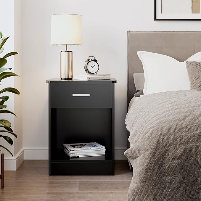 FOTOSOK Nightstand Set of 2, 2-Tier Side Table with Drawer and Storage Shelf, Bedside Table End Table, Modern Night Stand for Bedroom, Home Office,Black