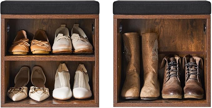 YMYNY Shoe Storage Bench with Cushion, 2 Tier Shoe Rack with Padded Seat, Adjustable Shoe Organizer Cabinet for Entryway, Living Room, Hallway, Closet, 15.4L*11W*16.54H, Rustic Brown, UHBD028H