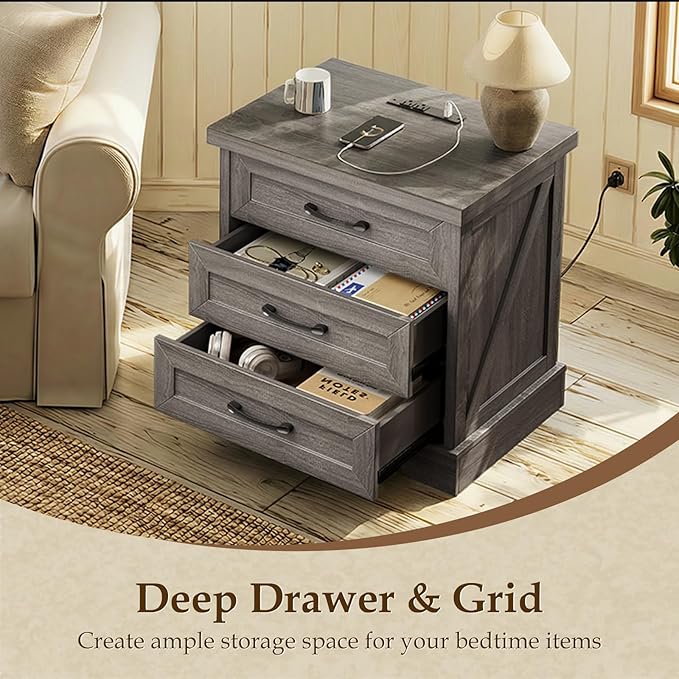AODK Farmhouse Nightstands Set of 2, 24 Inch Bedside Tables with Charging Station, End Tables with Three Drawers, Bed Side Tables with Outlet and USB for Bedroom & Living Room, Oak Grey