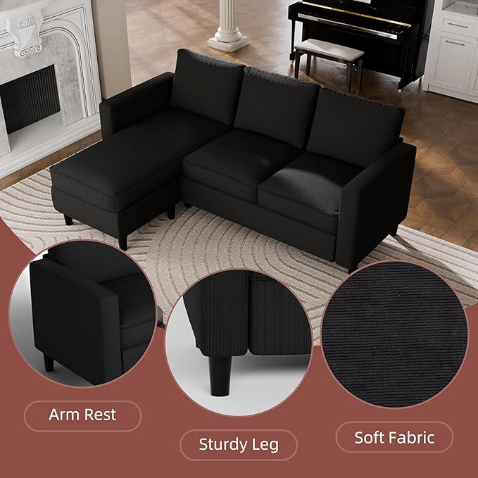 Nuturelly Modern Convertible Sectional Sofa Couch with Reversible Chaise, 3-Seater L-Shaped Small Space Couch for Living Room, Apartment & Office, Compact Fabric Sofa with Movable Ottoman, Black