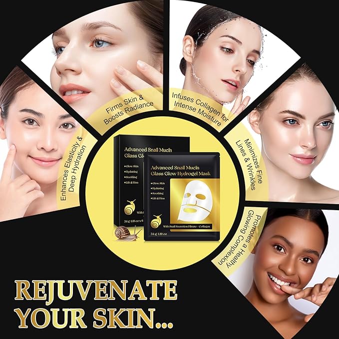 6 Pack Advanced Snail Mucin Glass Glow Face Masks, Collagen Face Mask, Hydrating Overnight Hydrogel Mask for All Skin Types