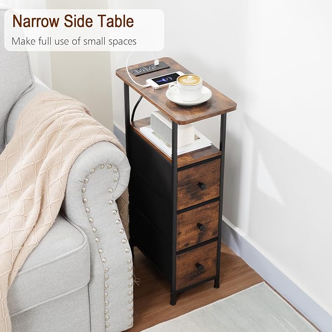 LOAKEKEL Narrow End Tables Living Room Set of 2 with Charging Station, Skinny Side Table with Fabric Drawers, Slim Nightstand for Bedroom, Small Spaces, Couch, Brown, HETNDP03BR