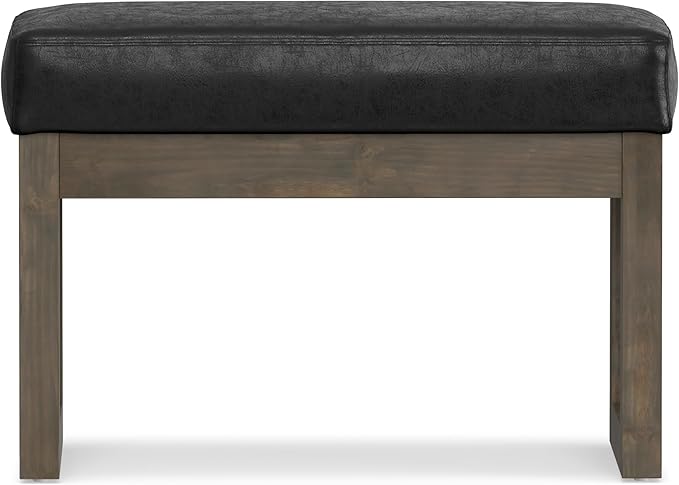 SIMPLIHOME Milltown Small Ottoman Bench - 27" Wide x 18" High Upholstered Vegan Leather Rectangle Footstool Ottoman in Distressed Black, Contemporary Bench for Bedroom with Cushioned Seat, Assembled