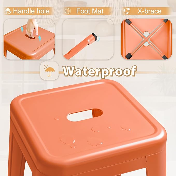 Furmax 30 Inch Metal Bar Stools Set of 4, Counter Height Stools, Industrial Bar Chairs Patio Stool Stackable Stool for Kitchen/Dining Room/Indoor Outdoor(Orange, 30'' Backless)