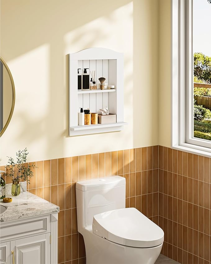 CHOEZON Recessed Wall Niche, 2-Tier Recessed Medicine Cabinet, Bathroom Cabinet Wall Mount, Bamboo Medicine Organizer, Wall Storage Cabinet, for Bathroom, Living Room, Kitchen, White