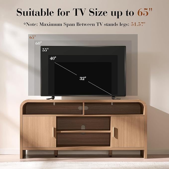 TV Stand for TVs Up to 65'' - [Unique Curved Profile, FSC-Certified Wooden Board] Entertainment Center with Adjustable Shelves and Storage Cabinet Modern Media Console for Living Room