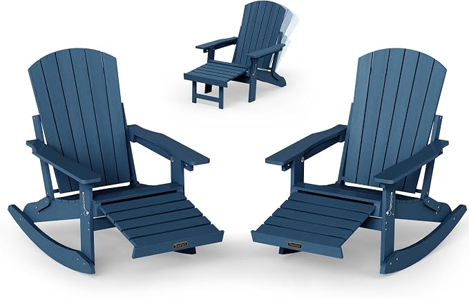 Adjustable Adirondack Rocking Chair Set of 2 with Retractable Ottoman Footrest, 4-in-1 Foldable HDPE Outdoor Rocker, Weather Resistant Adirondack Chair for Porch, Garden & Poolside, Navy Blue