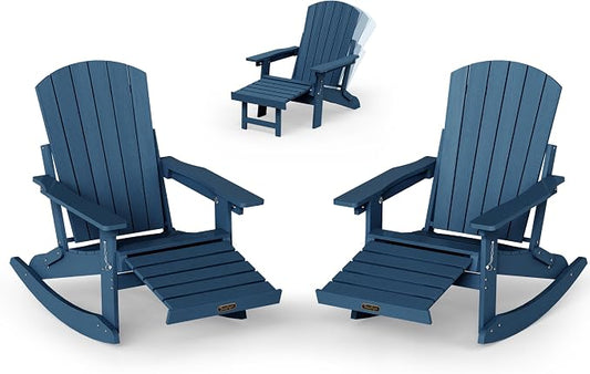 Adjustable Adirondack Rocking Chair Set of 2 with Retractable Ottoman Footrest, 4-in-1 Foldable HDPE Outdoor Rocker, Weather Resistant Adirondack Chair for Porch, Garden & Poolside, Navy Blue
