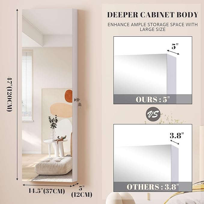 Vlsrka 47.2" LED Jewelry Mirror Cabinet, Wall/Door Mounted Jewelry Armoire Organizer with Full Length Mirror, Large Storage Hanging Cabinet, 4 Drawers, 5 Shelves (White)