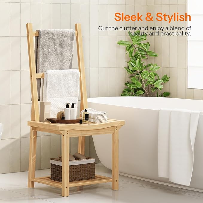 HOOBRO Freestanding Towel Rack for Bathroom, Bamboo Blanket Rack, Quilt Display Stand with Storage Shelf, Towel Rack for Living Room, Bedroom, Decorative Display Ladder Shelf, Natural YL101CJ01