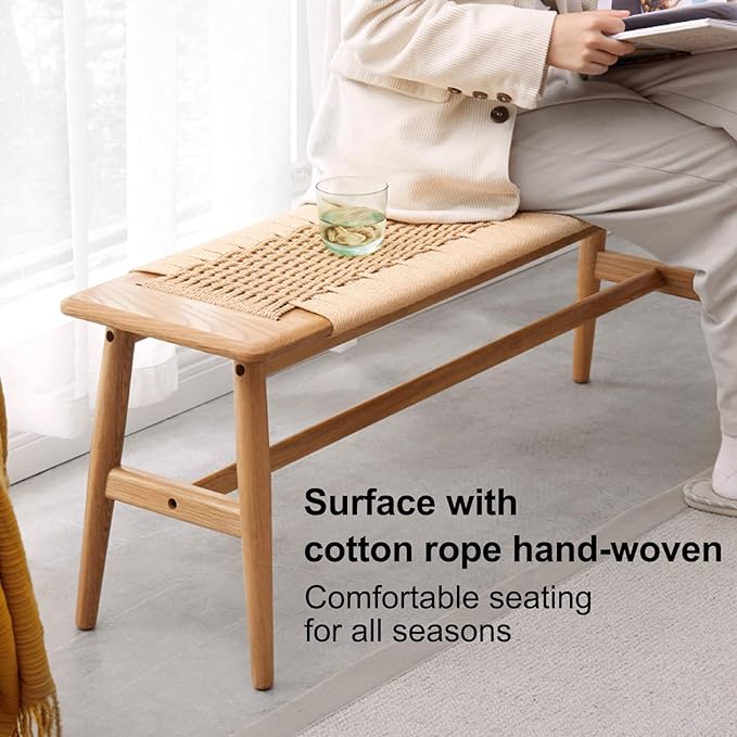 100% Solid Oak Farmhouse Entryway Bench, Wooden Bench Indoor with Hand Woven Rope Surface Design, Wood Bench for End of Bed with Solid Structure(Natural, 43.31" Wx11.81 Dx15.98 H)