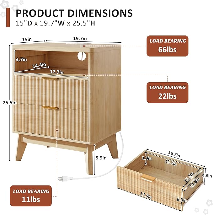 LYNCOHOME Fluted Nightstand with Charging Station, 19.7 inch Wide End Table with 2 Drawers, Modern Wood Bedside Table for Bedroom, Night Stand Set of 2,Natural