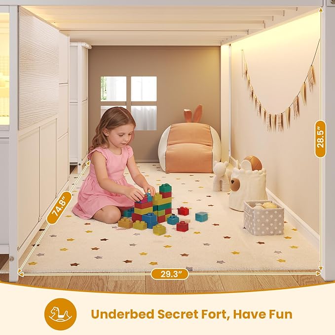 ADORNEVE Low Loft Bed Twin Size with Stairs,7 Drawers, Bookcase and LED Lights, Metal Kids Loft Bed with 14" H Safety Guardrail,Inclined Ladder and Play Curtain, Under-Bed Play Space, White