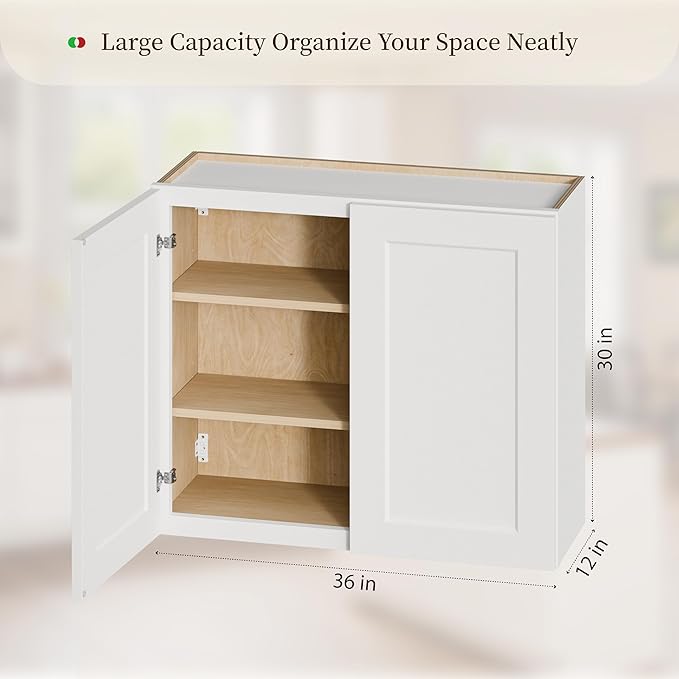 Kisart Laundry Room Cabinets Wall Mounted with Doors & Shelves, Solid Wood RTA Medicine Storage Cabinet, 36" Wx30 Hx12 D Inch White Shaker Hanging Cupboard, Space-Saving for Kitchen, Bathroom, Garage