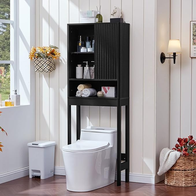 LEYAOYAO Fluted Over The Toilet Storage Cabinet, Farmhouse Over Toilet Bathroom Organizer with a Sliding Door, 68" Tall Black Freestanding Washer Shelf with Adjustable Shelf & Curved Profile