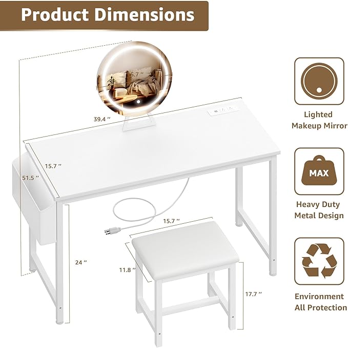 Cheap Makeup Girls Vanity Set with Mirror and Stool and Lights & Power Outlet, White Make Up Dressing Table with Chair, Kids Vanities for Bedroom 40“