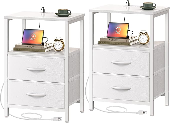 Huuger Nightstands Set of 2, End Tables with Charging Station, Side Tables with Fabric Drawers, Bedside Tables with USB Ports and Outlets, Night Stands, PU Leather, White