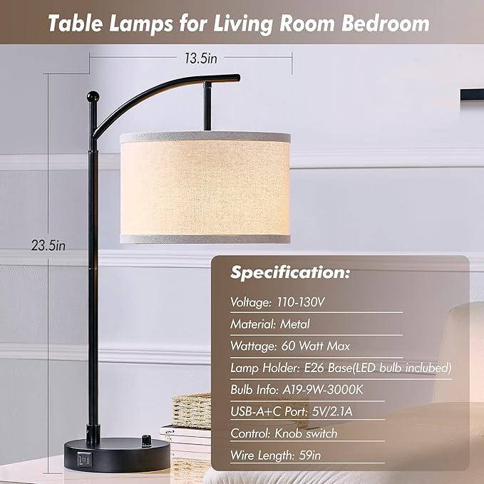 Table Lamp for Living Room Bedroom, 23.5" Table Lamp with USB C+A Ports, Bedside Lamp for Nightstand with Linen Lamp Shade, Dimmable LED Bulb Included