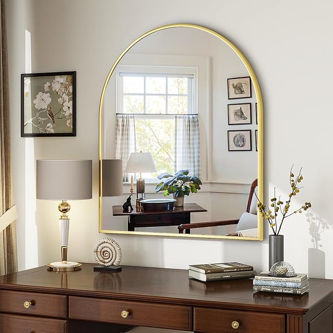 VooBang Arched Wall Mirror, 26 x 28 inch Arch Bathroom Mirror, Wall Mounted Vanity Mirror with Arch Metal Frame, Modern Bathroom Vanity Mirror for Bedroom, Living Room, Hanging or Leaning, Gold