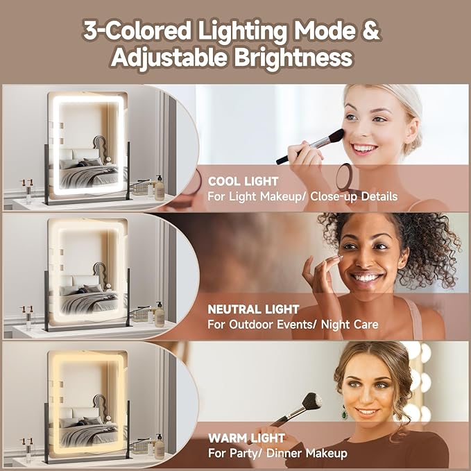 PRIMETEK Vanity Mirror with Lights, 19"x22" Large Makeup Mirror with Lights, LED Lighted Makeup Mirror, Touch Screen with 3-Color Lighting, Dimmable for Vanity Desk Tabletop, Bedroom, Black