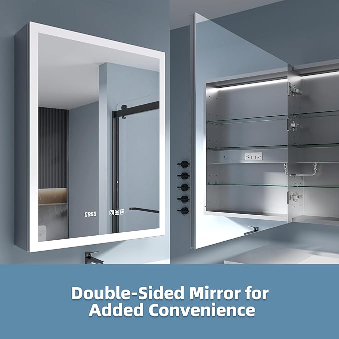 Edge LED Medicine Cabinet Mirror, 24x30 Inch Bathroom Storage, Recessed/Wall Mount, Plug-in/Hardwired, 3 Color Dimmable Light, Anti-Fog, Time Temp Display, Left Hinge