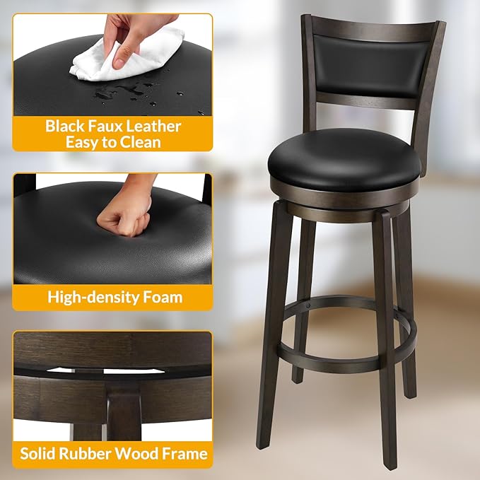 PrimeZone Swivel Bar Stools Set of 8, 34 Inch Extra Tall Bar Height Barstools, Black Faux Leather Bar Stool with High Backrest, Solid Wood Leg, Wrap-Around Footrest, Counter Stools for Pub