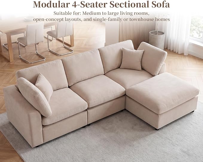 Modular Cloud Sectional Couches for Living Room, Large Modular Sectional Sofa with Ottoman, L Shaped 3 Seater Couch with Pillow, Beige - Chenille