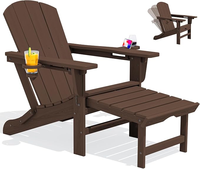 SERWALL Folding Adjustable Adirondack Chair with Footrest, HDPE Outdoor Chair with Dual Cup Holders, All Weather Adirondack Chair with Ottoman, Coffee