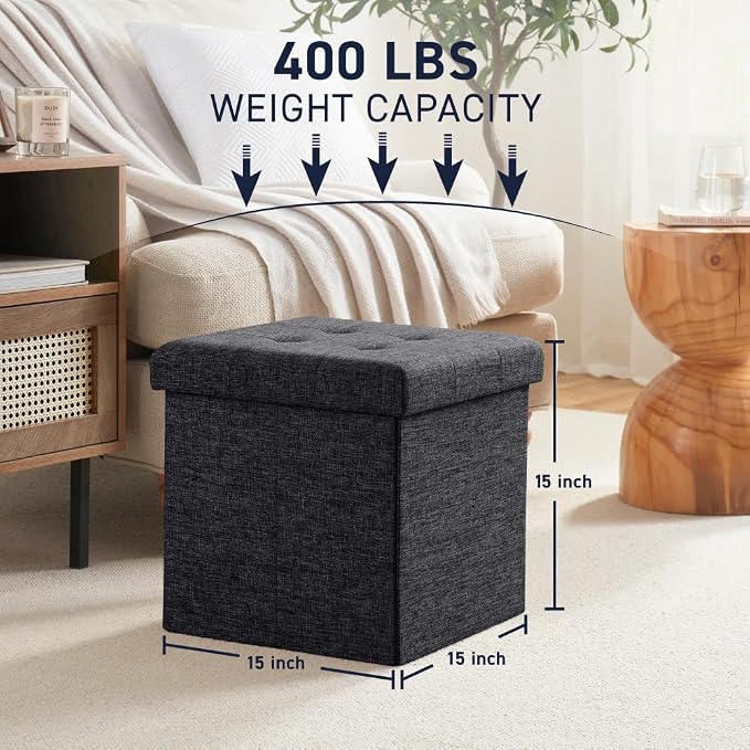 Ornavo Home 2 Pack 15 Inch Folding Storage Ottoman, Square Cube Linen Small Storage Ottoman Foot Rest Stool - Black