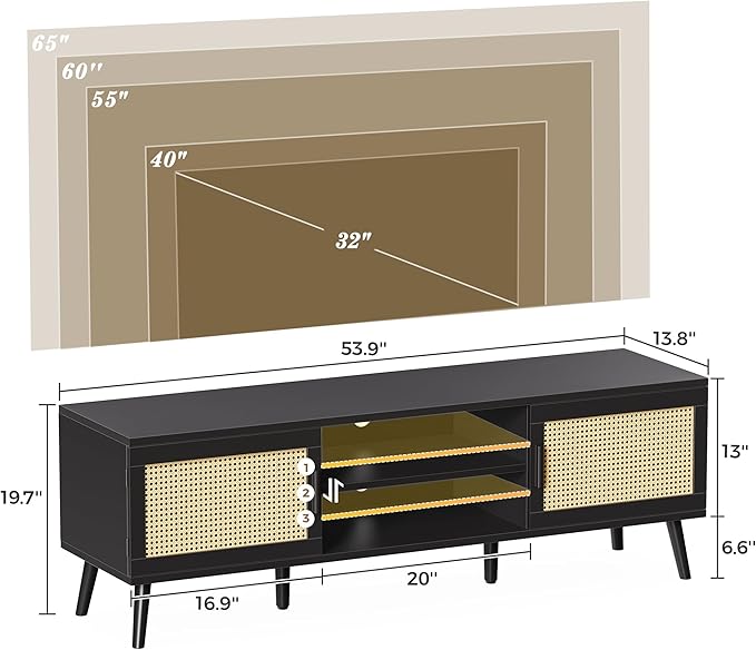 SUPERJARE TV Stand for 65 Inch TV, Entertainment Center with Adjustable Shelf, Rattan TV Console with 2 Cabinets, Media Console, Solid Wood Feet, 4 Cord Holes, for Living Room, Black