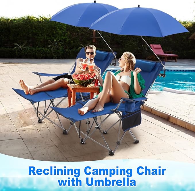 Yuntau 2 Set Reclining Beach Chairs with UPF 50+ Umbrellas Shade, Upgraded Heavy Duty Portable Folding Lounge Camping Chair with Canopy Removable Footrest & Headrest for Outdoor Patio(Blue)