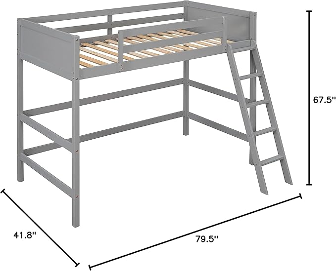 Merax Twin Size Junior Loft Bed with Slide Wood Loft Bunk Bed for Girls Boys,Space Saving Gray