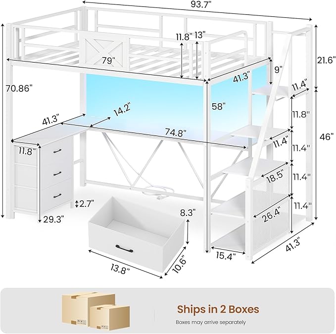 Itaar Stairway Twin Size Loft Bed with L Shaped Desk and Wardrobe, Metal Loft Bed Frame with Stairs, 3 Fabric Drawers, LED Lights & Charging Sation, No Noise & No Box Spring Needed, White