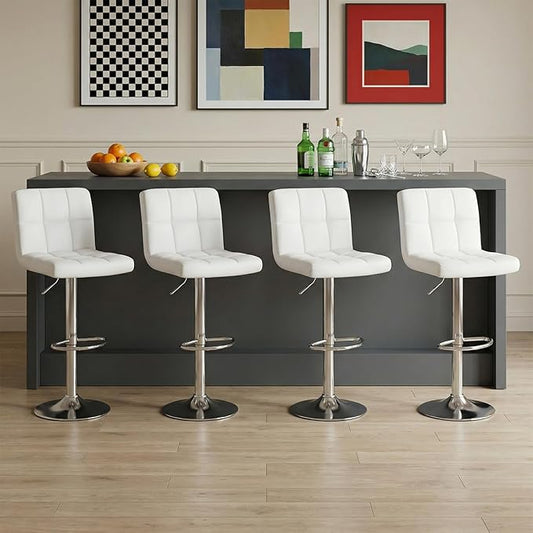 DUMOS Bar Stools Set of 4, 24 inch Counter Height Bar Stools, Upholstered Modern Kitchen Barstools with Metal Base, PU Leather Saddle Stools for Kitchen Island, Snowy White
