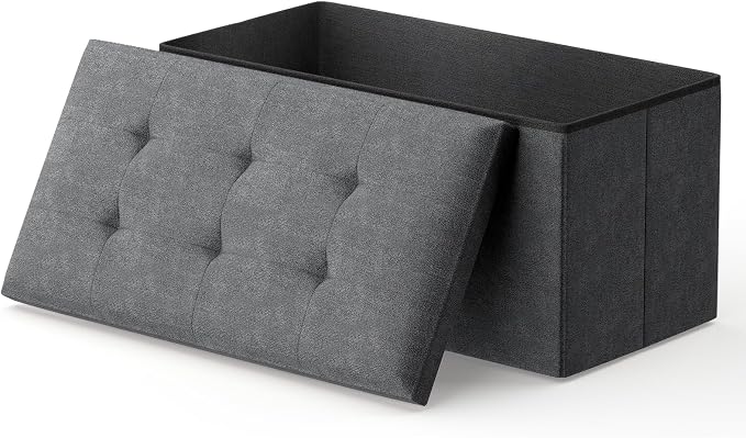 MoNiBloom 30 Inches Storage Ottoman Bench, Rectangle End of Bed Bench, Storage Padded Seat, Linen Fabric Ottoman Footrest for Living Room, Bedroom, Entryway, Dark Gray