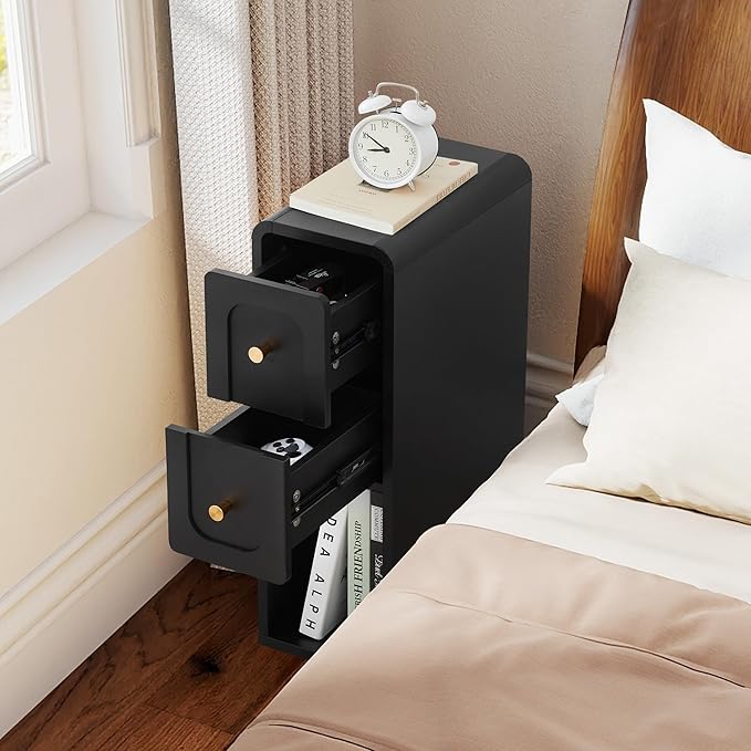 Small Nightstand Set of 2, Wooden Narrow Nightstands with 2 Drawers, Vintage Side End Table for Small Spaces, Skinny Night Stand, Bedside Table for Bedroom, Living Room (Black-2PCS)