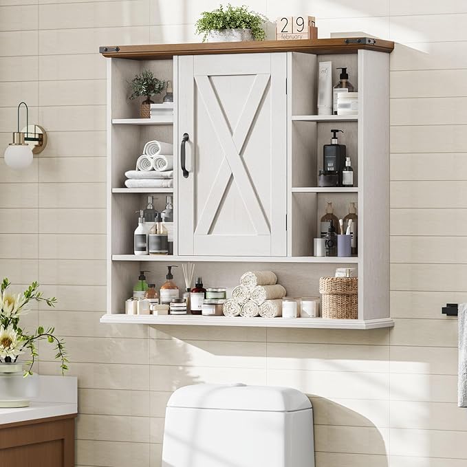 Bathroom Wall Cabinet, Farmhouse Medicine Cabinet with Adjustable Shelves and Barn Doors, Large Wall Mounted Over the Toilet Storage Cabinet for Bathroom, Laundry Room, Kitchen, Rustic White and Brown