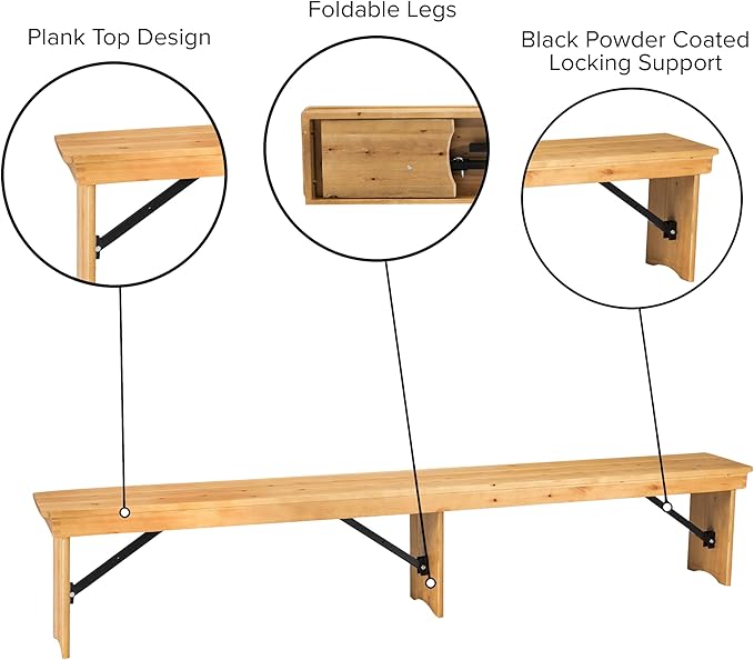 Flash Furniture HERCULES 8' x 12" Solid Pine Folding Farm Bench in Antique Rustic Light Natural