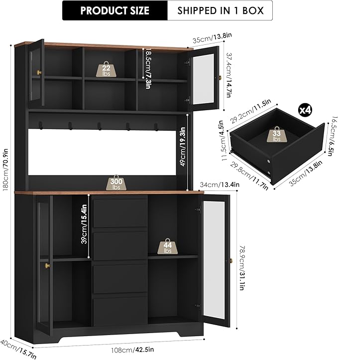 HIFIT 71" Tall Coffee Bar Cabinet with Storage and Large Countertop, Kitchen Hutch with 4 Drawers & 5 Metal Hooks & 4 Doors & Microwave Stand, Black Kitchen Pantry Cabinet for Dining Room